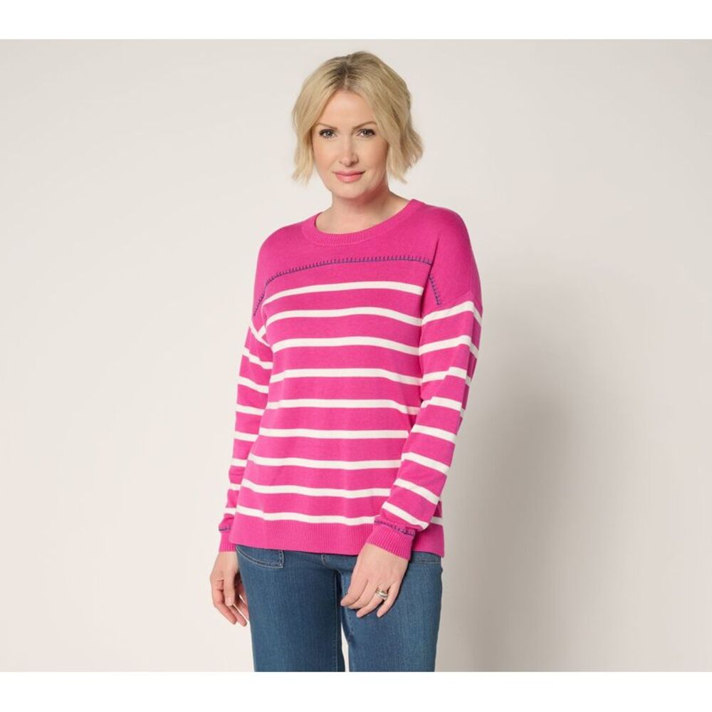 Top Knot Women's Plus Sz Sweater 2X Striped & Stitched Pink A695156